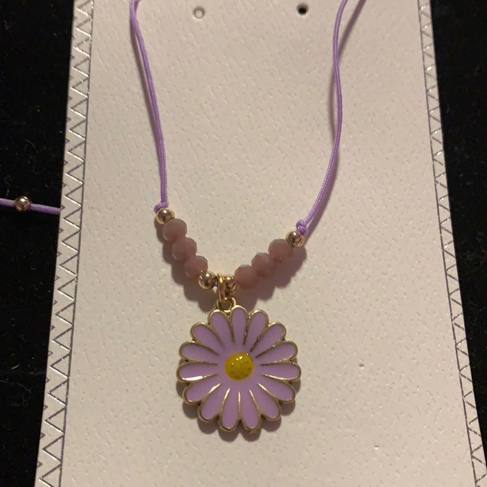 Purple daisy with beads and silver slide necklace